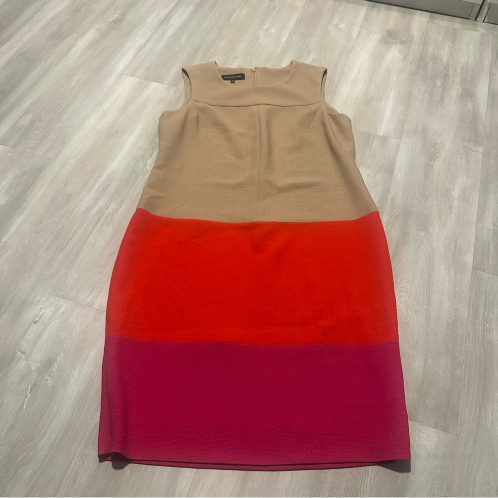 Jones New York Beige Red Hot Pink Colorblock Striped Sleeveless Dress Sz 15